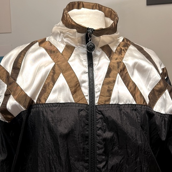 Vintage 80s Zip Up Metallic Gold and Black Draw String Track Jacket Women Size L - Picture 2 of 15